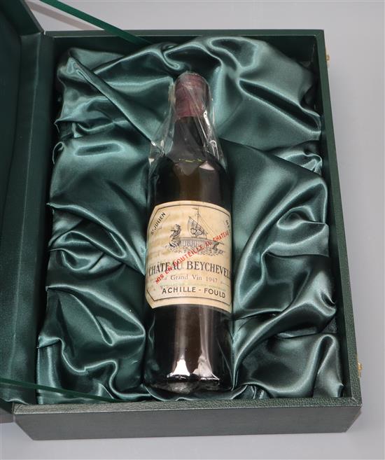 A bottle of Grand Vin 1947 St Julien/Medoc, Chateau Beychevelle, presentation box